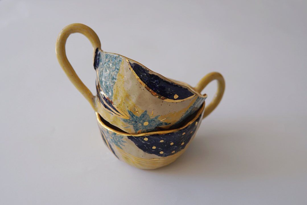 Golden Bloom Cups — handmade ceramic, Ceramic Pot Station