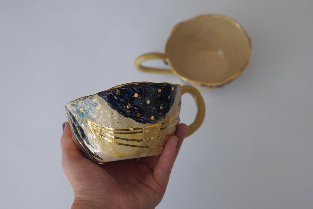Golden Bloom Cups — handmade ceramic, Ceramic Pot Station